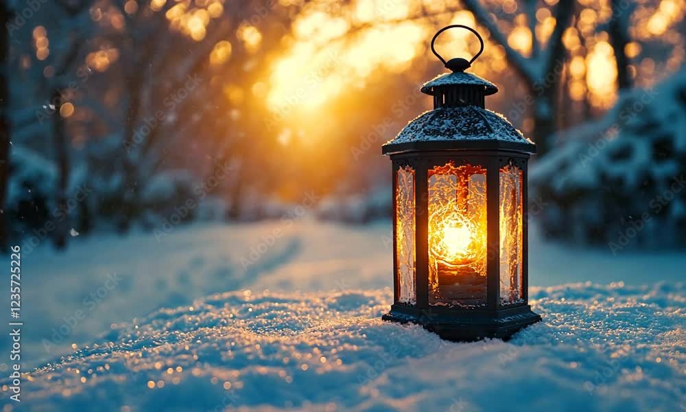 A glowing lantern in the snow illuminates a serene winter landscape at sunset, creating a warm ambiance A glowing lantern in the snow illuminates a serene winter landscape at sunset, creating a warm ambiance
