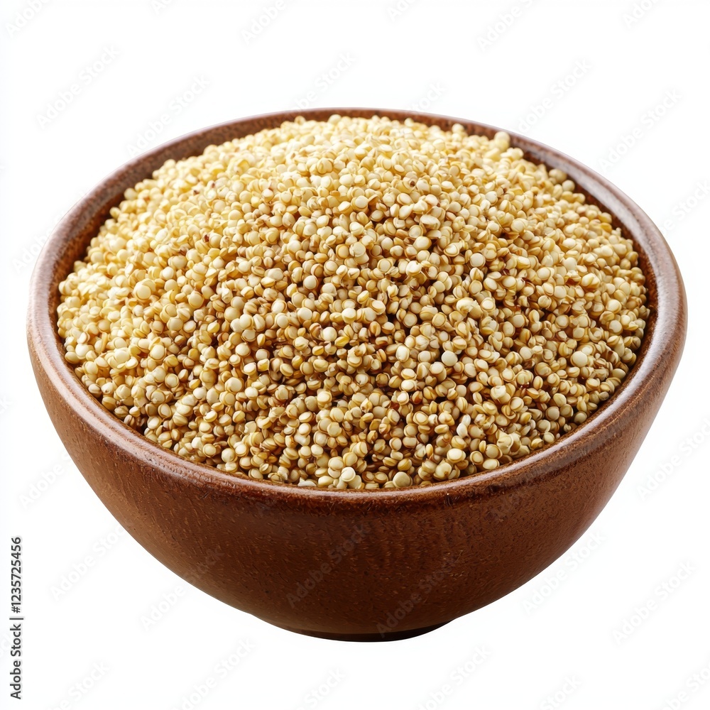 Golden Quinoa Seeds in a Rustic Wooden Bowl on White Background for Healthy Eating and Organic Cooking Concepts Golden Quinoa Seeds in a Rustic Wooden Bowl on White Background for Healthy Eating and Organic Cooking Concepts