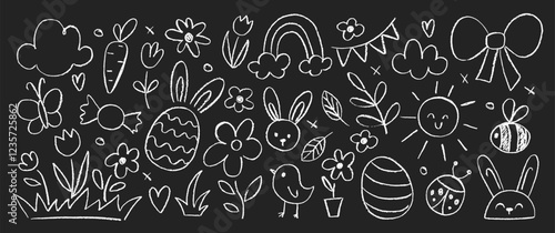Collection of hand drawn Easter elements with crayon or pastel texture. Chalk bunny, flower, eggs and butterfly. Doodle white vector illustration on a blackboard.