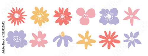 Collection of summer or spring flowers with wax or crayon texture. Grunge doodle vector illustration painted with pastels. Sticker for kids