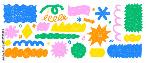 Scribble doodle shapes with crayon or chalk texture. Hand drawn stickers with geometric elements for collage or design use. Color vector illustration.