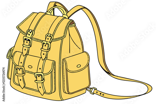 Yellow leather backpack, multiple pockets, vintage style, fashionable, detailed stitching, adjustable straps, brass hardware, bright mustard color, professional photography, studio lighting, white bac