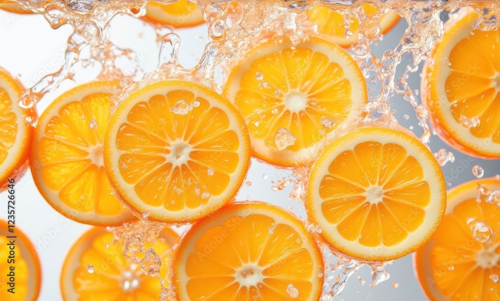 Fresh orange slices splashing in water Fresh orange slices splashing in water