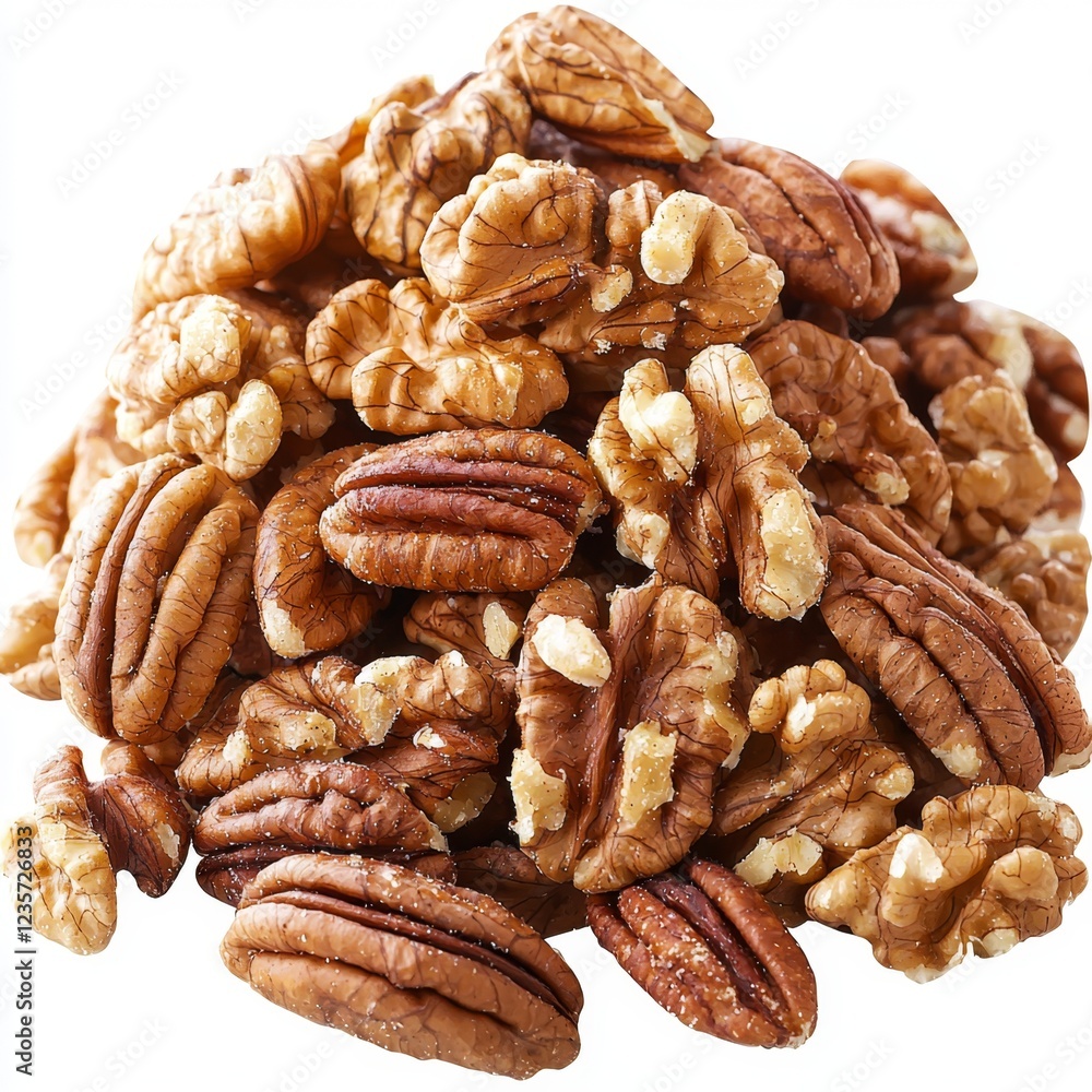 Pile of Freshly Shelled Pecans on White Background with Natural Texture and Warm Color Palette Pile of Freshly Shelled Pecans on White Background with Natural Texture and Warm Color Palette