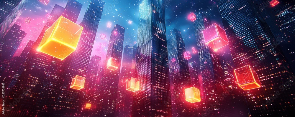 Fototapeta premium Futuristic cityscape with glowing cubes in a vibrant night skyline