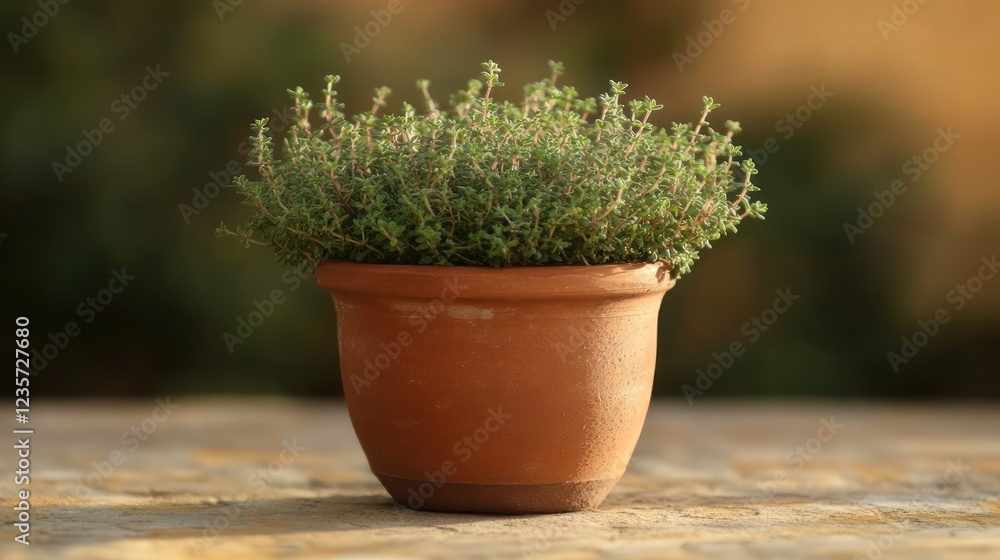 Potted thyme plant outdoors, sunlit garden backdrop, culinary herb Potted thyme plant outdoors, sunlit garden backdrop, culinary herb