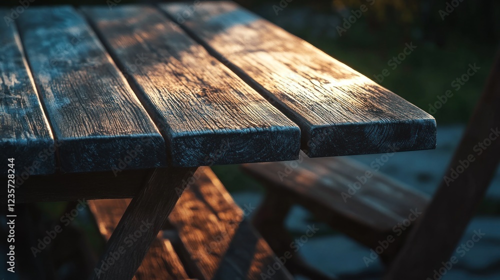 Fototapeta premium Sunset illuminates rustic wooden picnic table outdoors