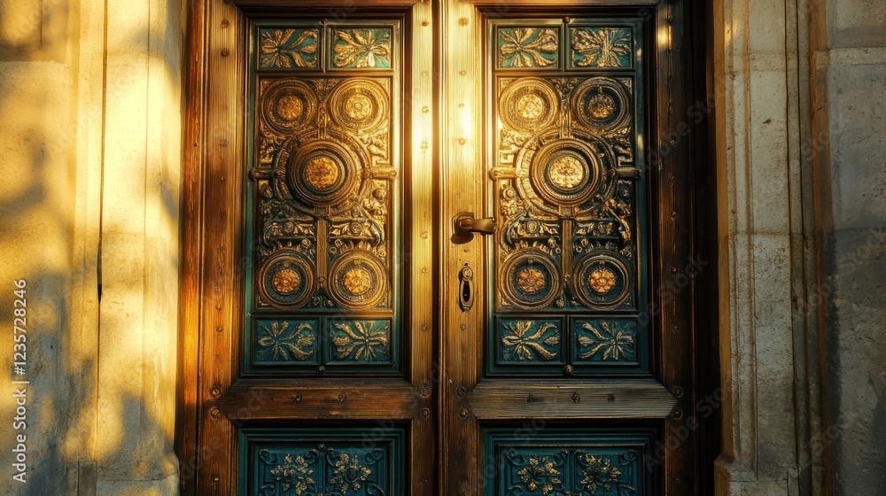 Ornate golden door sunset shadow church exterior Ornate golden door sunset shadow church exterior
