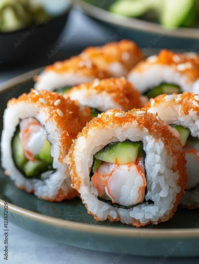 Close-Up of Fresh Sushi Rolls with Crispy Tempura Coating and Avocado Filling Close-Up of Fresh Sushi Rolls with Crispy Tempura Coating and Avocado Filling