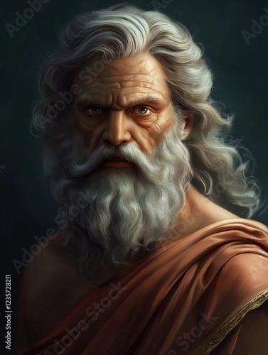 Digital Painting of a Bearded Zeus-Like Figure with Intense Eyes and Flowing Hair
