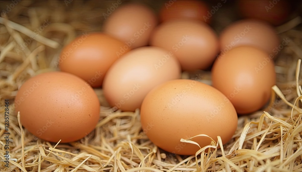 Close-up of chicken eggs with a straw or coop background Close-up of chicken eggs with a straw or coop background