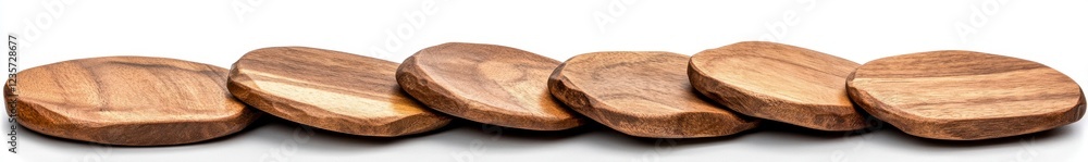 Seven Rustic Light Brown Wooden Discs on White Background Seven Rustic Light Brown Wooden Discs on White Background
