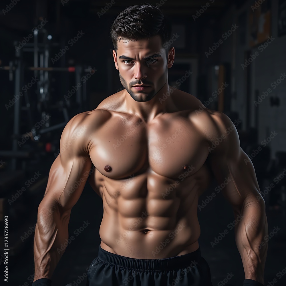 Fototapeta premium strong athlete man person exercising in the sport gym, close up of muscular body, workout exercise training in fitness for body strong and fit, bodybuilding and healthy lifestyle people