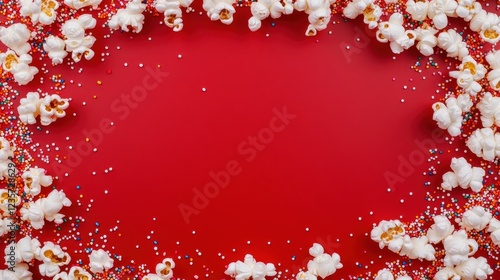 Decorative Popcorn Frame with Colorful Sprinkles on Red Background