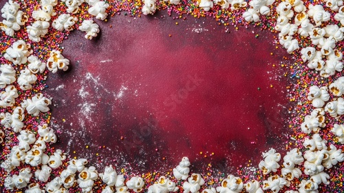 Decorative Popcorn Frame with Colorful Sprinkles on Red Background