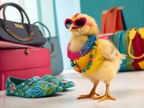 Trendy chicken in sunglasses, panoramic AI art explosion. photo