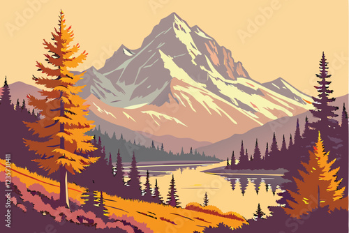 Majestic snow-capped mountains, Vibrant autumn colors, Serene mountain lake, Reflective water surface, Golden sunlight on mountain peaks, Evergreen forest silhouettes, Misty atmospheric perspective, W