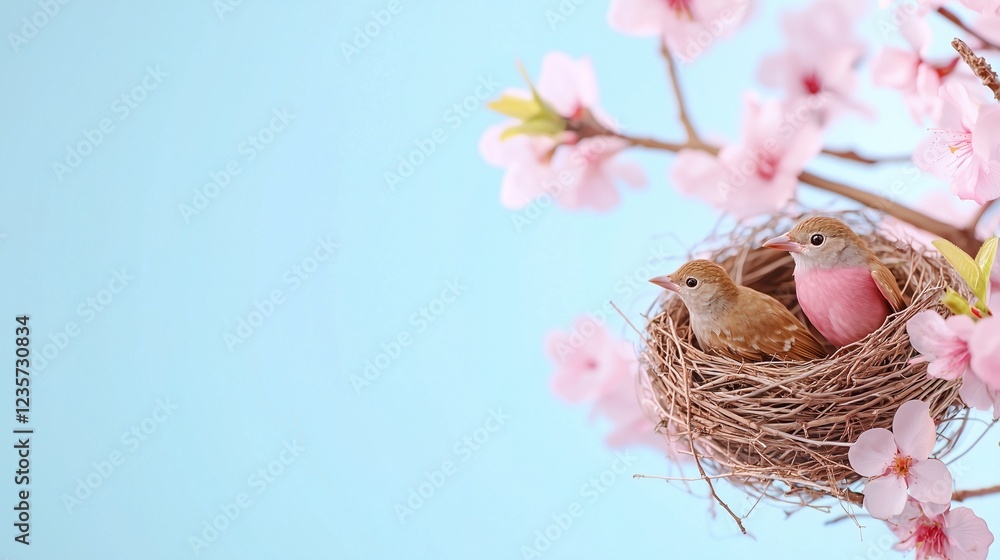 two little birds sitting in a nest in a blossoming cherry tree. The birds are brown and pink, and the cherry blossoms are in full bloom. The background is a light blue sky, spring season background
