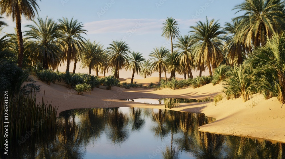 Oasis in the Desert with Lush Palm Trees and Reflections on the Still Water in Sandy Landscape