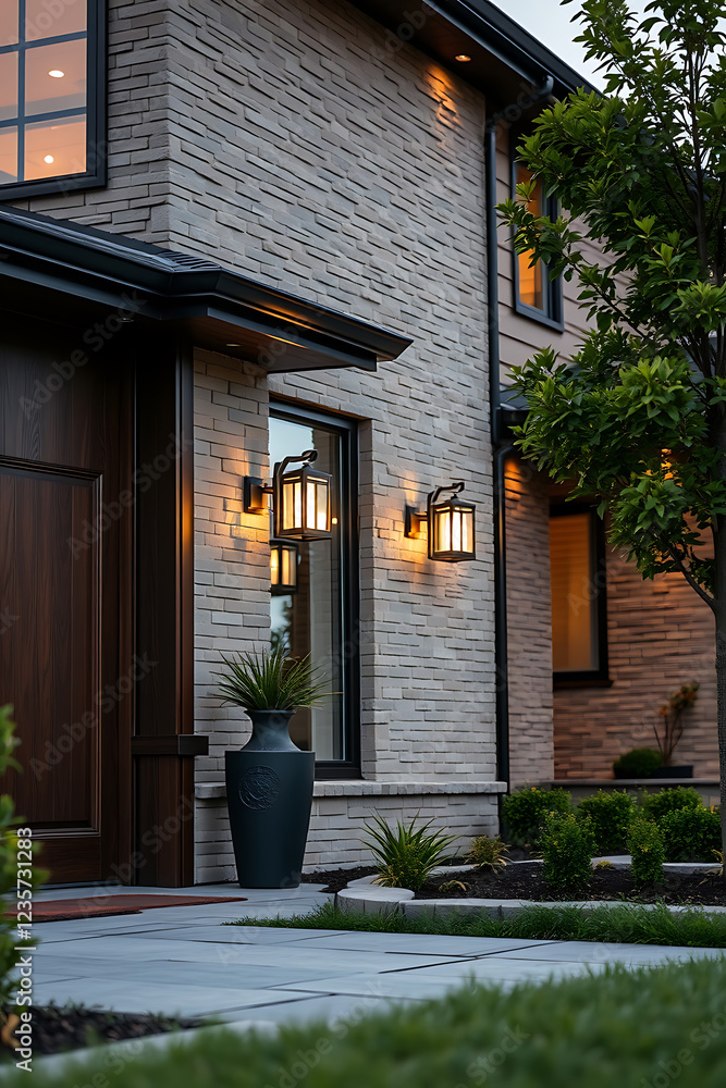 Obraz premium Luxury Home Exterior at Night: Modern Brick Facade, Landscape Design, and Elegant Lighting