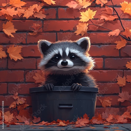 Cute raccoon in a bin against a brick wall with autumn leaves. photo