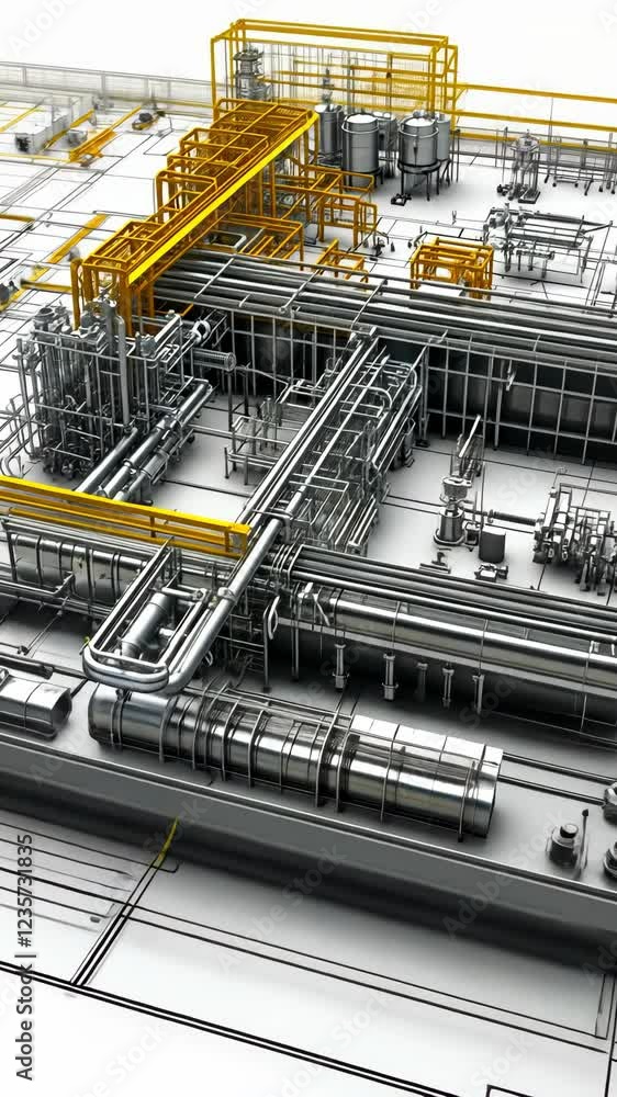 Detailed industrial layout showcasing intricate piping and equipment in a facility Detailed industrial layout showcasing intricate piping and equipment in a facility