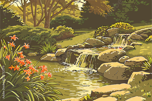 Serene garden waterfall, sparkling sunlit water, smooth river rocks, orange flowers, lush green foliage, shallow stream, natural landscape, soft bokeh, golden hour lighting, close-up perspective, tran