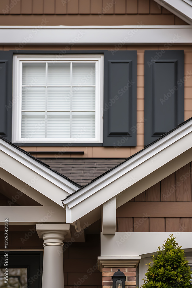 Fototapeta premium Modern House Exterior with Dark Shutters and Gable Roof. Beautiful Home Design and Architecture. Real Estate Photography