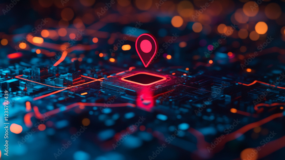 Abstract Digital Cityscape Location Pinpoint Neon Glow Technology Map GPS Red Art Blue Dark Data Abstract Digital Cityscape Location Pinpoint Neon Glow Technology Map GPS Red Art Blue Dark Data