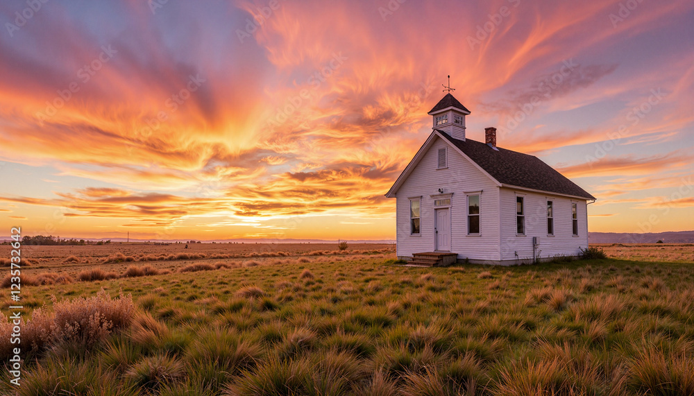 Serene rural schoolhouse under vibrant sunset sky, countryside tranquility Serene rural schoolhouse under vibrant sunset sky, countryside tranquility