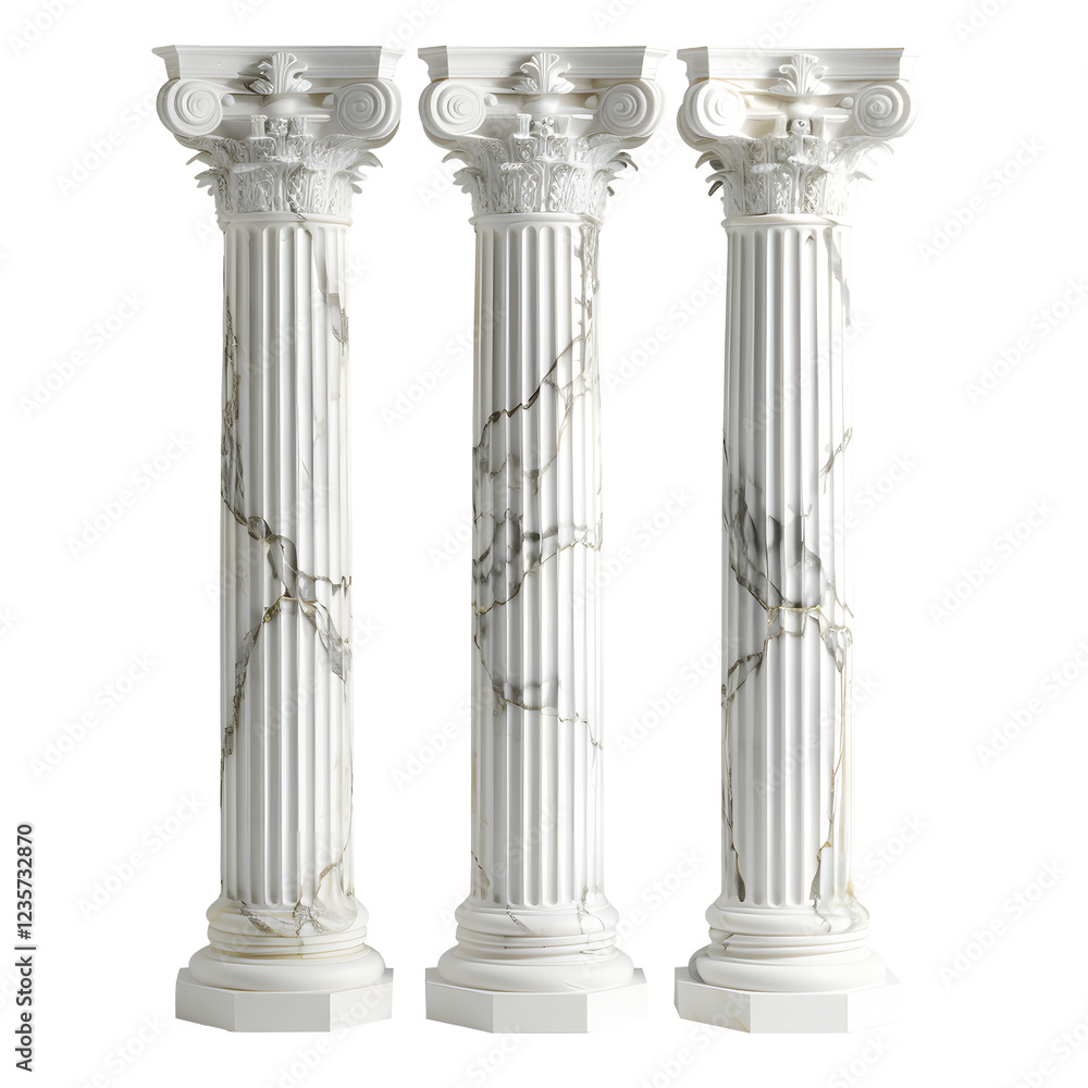 Obraz premium Three classical Corinthian columns isolated on a white background