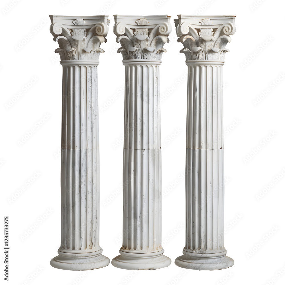 Three classical Corinthian columns isolated on a white background Three classical Corinthian columns isolated on a white background