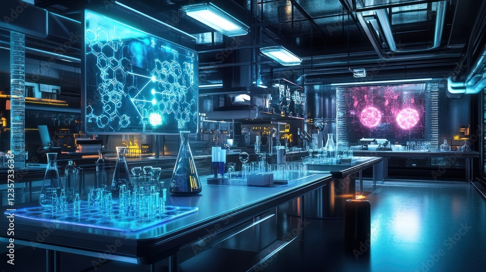 A high-tech laboratory filled with scientific equipment and digital displays. A high-tech laboratory filled with scientific equipment and digital displays.