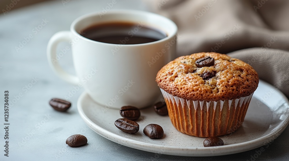 Freshly baked muffin with coffee on a cozy table, warm tones and soft fabric in the background Freshly baked muffin with coffee on a cozy table, warm tones and soft fabric in the background