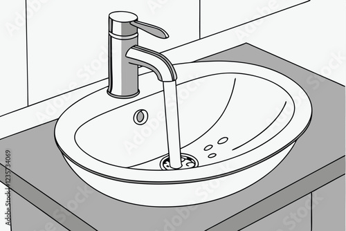  White oval bathroom sink, chrome faucet, running water, porcelain, modern design, minimalist, clean aesthetic, reflective surface, droplets, hygiene, plumbing fixture, contemporary bathroom, sleek, p