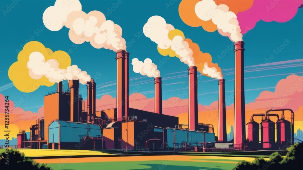 Obraz premium A stylized illustration of a factory at sunset, emitting smoke and steam