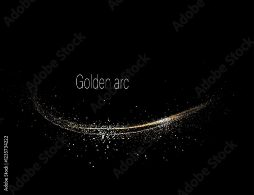 Design element, golden arc of shiny tinsel on black background.