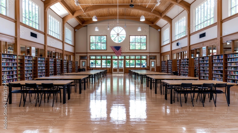 Fototapeta premium Spacious school library, wooden tables, high ceilings, natural light. Educational setting