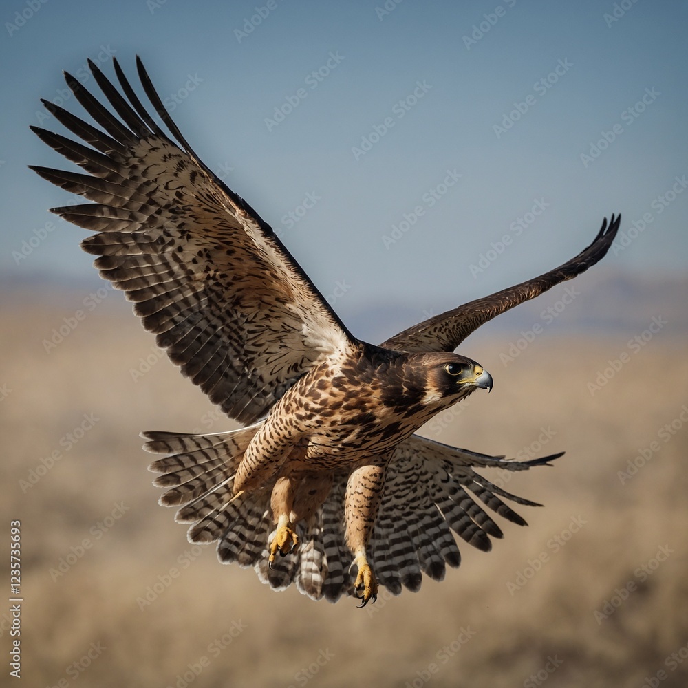 Fototapeta premium A falcon flapping its wings powerfully, mid-motion, sharp details.