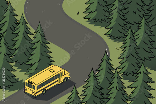  Aerial view, yellow school bus, winding forest road, lush green trees, pine forest, bird's eye perspective, sunlight filtering through foliage, asphalt road, curving path, dense woodland, vibrant col