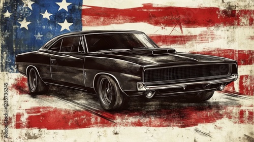Classic American Muscle Car with USA Flag Background