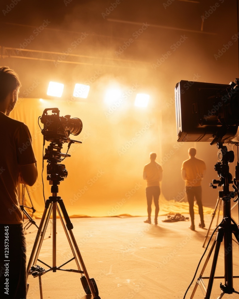 Fototapeta premium A dimly lit studio with bright lights illuminating two figures, showcasing a photography or film setup in a creative environment.