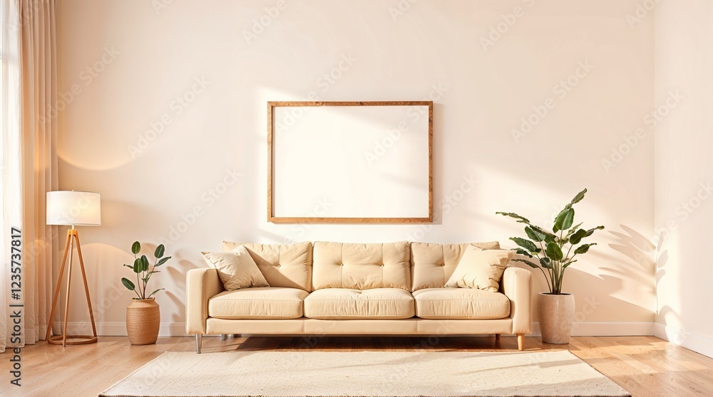 Naklejka premium beige modern living room with blank mockup painting in the background
