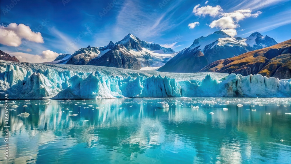Naklejka premium Glacial ice shelf floating on turquoise blue waters with a marble-like surface and snow-capped mountains in the background, calming environment, frozen lakes