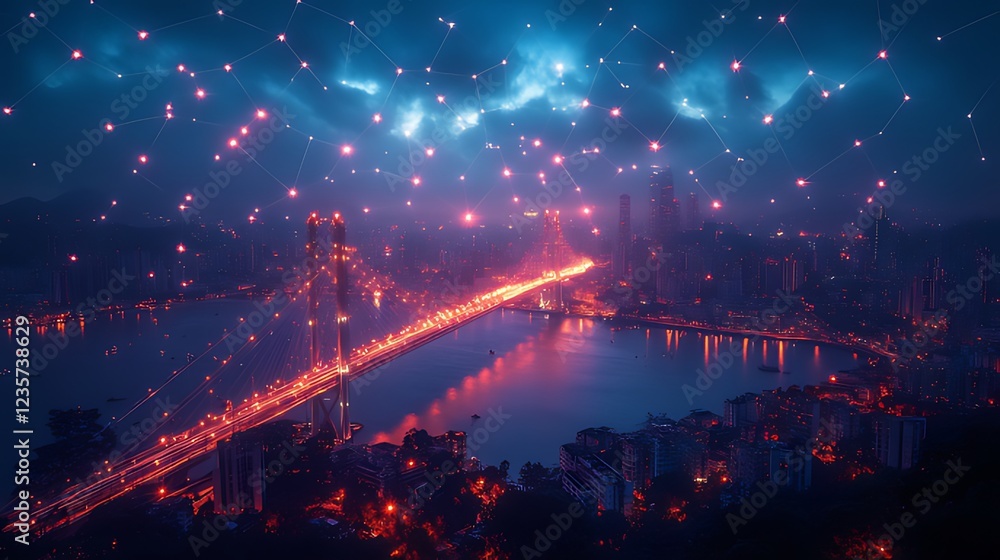 Fototapeta premium Night city bridge, network, digital, connection, futuristic, cityscape, glowing, lights, transportation, data