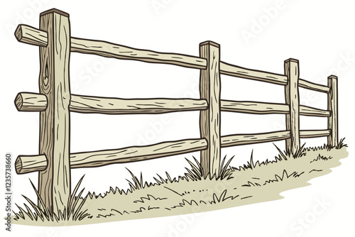 Rustic wooden fence, weathered logs, horizontal beams, vertical posts, rough-hewn timber, natural wood texture, aged wood grain, primitive construction, rural barrier, earthy tones, isolated on white 