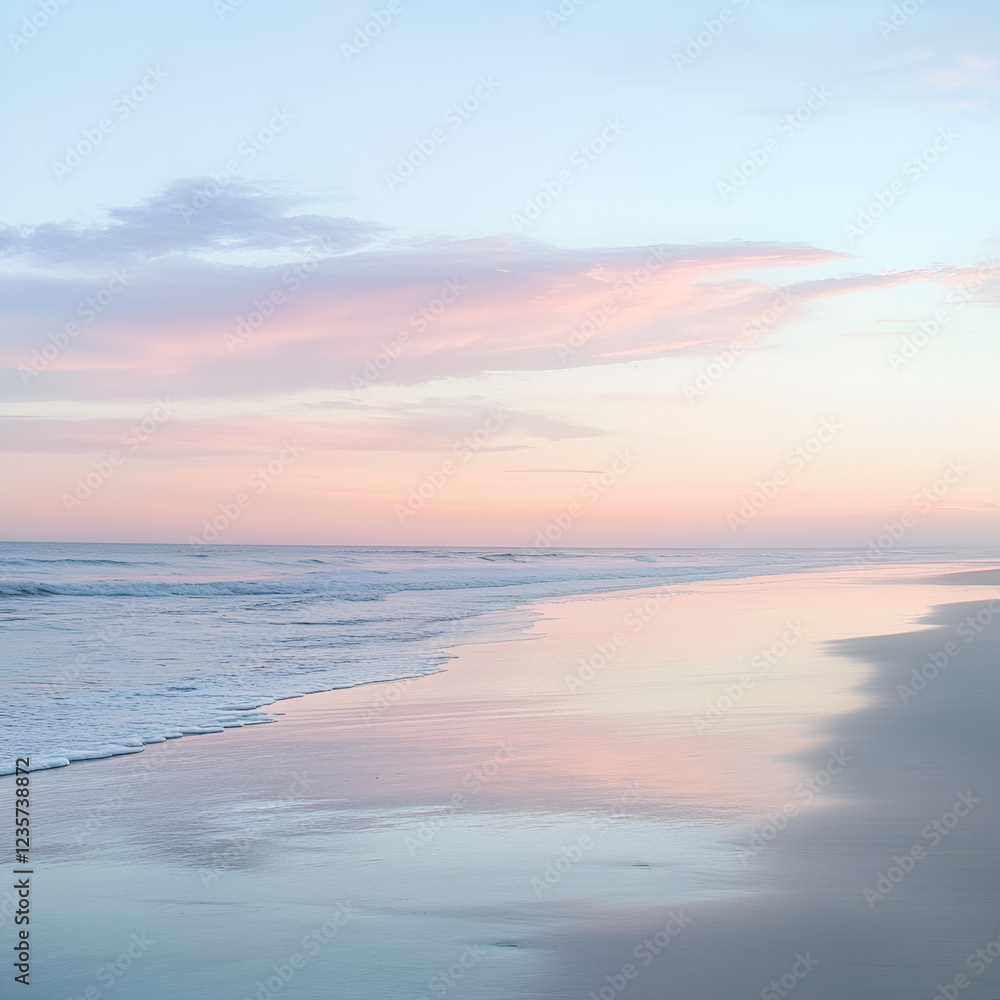 Fototapeta premium Serene Coastal Sunset: The pastel hues of a stunning sunset paint the sky above a tranquil beach. The gentle waves wash against the shore. Evoking a sense of peace and relaxation.