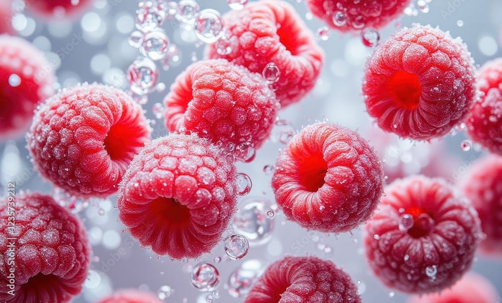 Fresh raspberries with bubbles in water Fresh raspberries with bubbles in water