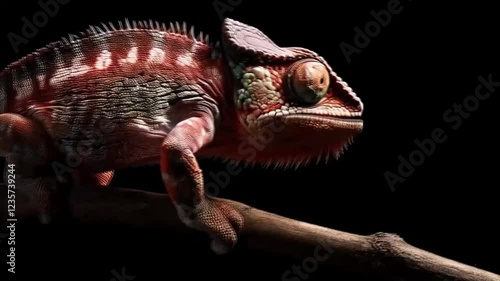 Scene of a chameleon perched on a wooden branch with a dark background, smooth repetitive motion for background video animation