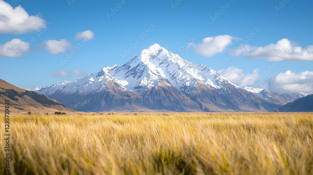 Fototapeta premium Majestic snow-capped mountain peak rises above a golden tussock grass field under a blue sky.